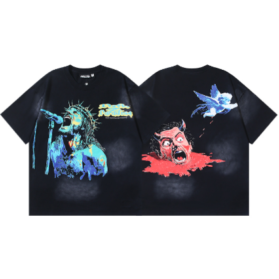 Hellstar Washed Retro Trendy Print Short-Sleeve T-Shirt